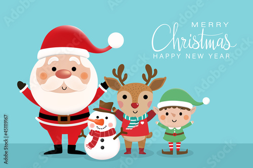 Merry Christmas With Santa 2022 Merry Christmas And Happy New Year 2022 Greeting Card With Cute Santa  Claus, Little Elf, Snowman And Deer Holiday Cartoon Character In Winter  Season Vector Wall Mural-Dusida