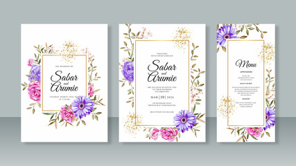 Set template wedding card invitation with floral watercolor painting and glitter