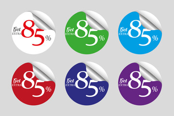Colorful round sale sticker set collection discount with eighty five 85 percent off, editable template.