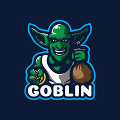 Goblin logo mascot design vector with modern illustration concept style. Goblin illustration holding coin for esport team. - obrazy, fototapety, plakaty
