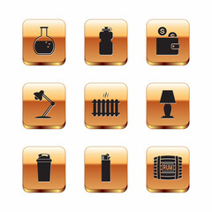 Set Test tube and flask, Fitness shaker, Lighter, Heating radiator, Table lamp and Wallet with coin icon. Vector