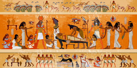 Ancient Egypt. Mummification process. Egyptian gods, mythology. Hieroglyphic carvings. History wall painting, tomb King Tutankhamun. Concept of a next world. Anubis and pharaoh sarcophagus
