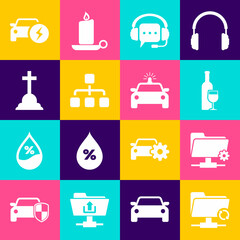 Set FTP sync refresh, settings folder, Wine bottle with glass, Headphones speech bubble, Hierarchy organogram chart and Tombstone cross icon. Vector