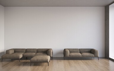 3d visualization of a large spacious modern interior with a concrete wall and a comfortable sofa with pillows, 3d render with copy space on an empty dark wall.
