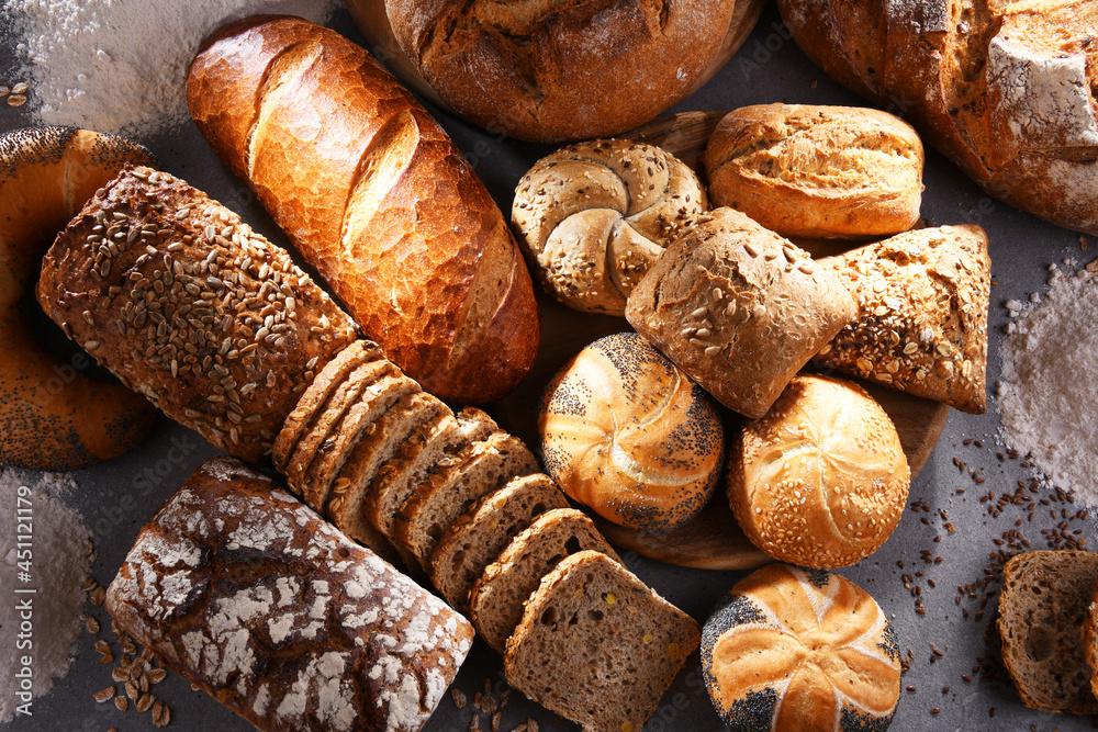 Poster assorted bakery products including loafs of bread and rolls