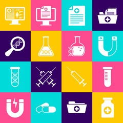 Set Medicine bottle, Test tube or flask, Magnet, Clinical record, DNA research, search and icon. Vector