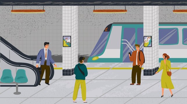 People at subway station vector illustration set. Passengers at metro platform waiting for subway train. Underground urban public transport concept. Modern city commuters