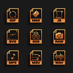 Set 3DS file document, M3U, WAV, RAW, MP3 and SVG icon. Vector