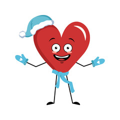 Cute character red heart with wings and joyful emotions, face, happy eyes, arms and legs. Festive decoration for valentine day. Happy New Year symbol of love in a red Santa hat, scarf and mittens