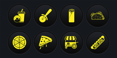 Set Pizza, Taco with tortilla, Slice of pizza, Fast street food cart, Burrito, knife, Hotdog sandwich and Soda drink donut icon. Vector