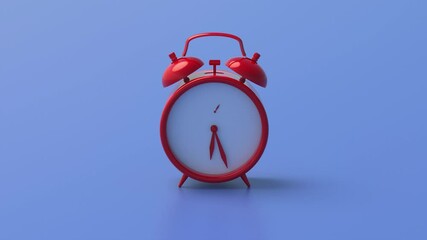 Alarm clock red on blue color background. Τime passing for twelve hours, from 2:00 to 14:00. Hour and minute hands moving fast. Video footage, 3d illustration 