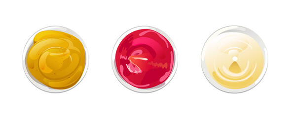 Ketchup, mayonnaise, mustard sauces set. Sauces in ceramic bowls. Realistic vector illustration isolated on white background.
