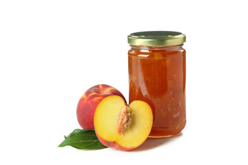 Jar of peach jam and ingredient isolated on white background
