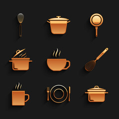Set Coffee cup, Plate, fork and knife, Cooking pot, Kitchen whisk, Frying pan and icon. Vector