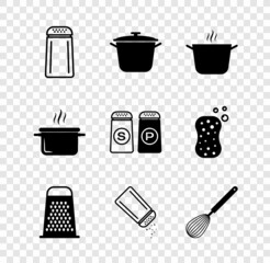 Set Salt and pepper, Cooking pot, Grater, Kitchen whisk, and icon. Vector