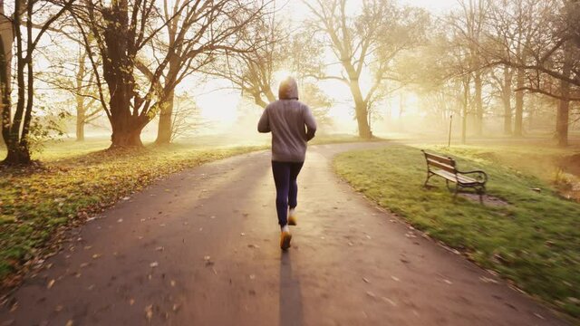 Man jogging in park during sunny autumn morning