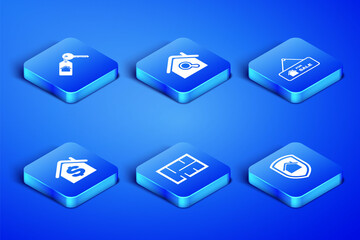 Set House under protection, with key, plan, dollar, Search house and Hanging sign For Sale icon. Vector