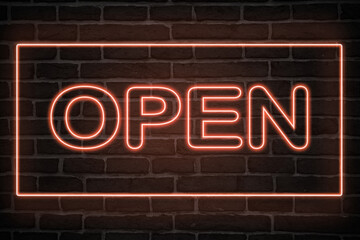 Fototapeta premium open neon sign. red glow. neon text. Brick wall lit by neon lamps. Night lighting on the wall. Trendy Design. light banner, bright advertisement