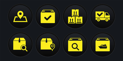 Set Search package, Delivery truck with check mark, Location cardboard box, Cardboard traffic, Package, Cargo ship boxes and Placeholder map icon. Vector