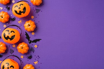 Top view photo of halloween decorations pumpkin baskets black sequins cats spiders web and bat...