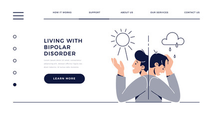 Bipolar disorder web template. Man suffers from mood swings, split mania and depression period. Manic depression, Mental illness, mood and emotional disorder for homepage.Flat vector illustration - 451125369