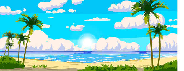 Tropical resort landscape panorama. Sea shore beach, exotic palms, coastline, clouds, sky, summer vacation. Vector illustration cartoon style
