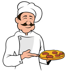 Pizza Chef Character - Colored Cartoon Illustration Isolated on White Background, Vector