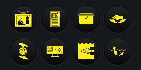 Set Hands holding Earth globe, Fish care, Stop plastic pollution, ocean, Lunch box, Problem of the and icon. Vector