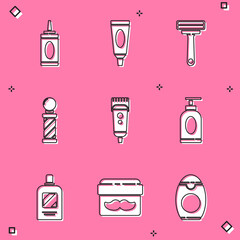 Set Bottle of shampoo, Cream or lotion cosmetic tube, Shaving razor, Classic Barber shop pole, Electrical hair clipper shaver, and jar icon. Vector