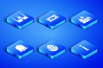 Set Burning candle, Muslim Mosque, Easter egg, Church bell, Traditional carpet and building icon. Vector