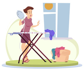 Woman ironing clothes with an iron. Illustration for internet and mobile website.