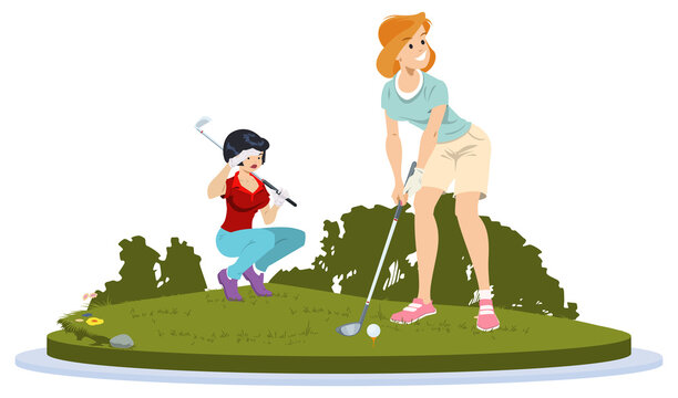 Golfer girl wants to hit ball. Illustration for internet and mobile website.