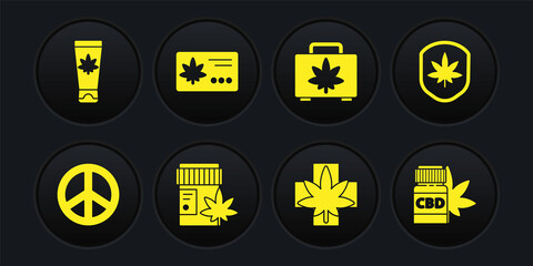 Set Peace, Shield and marijuana leaf, Medical bottle with, or cannabis, Shopping box of, Calendar, and cream icon. Vector