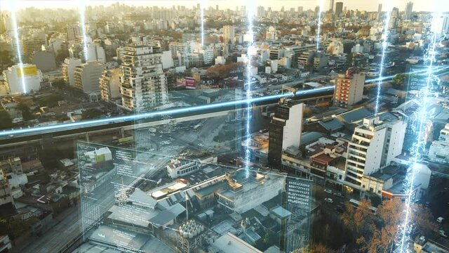 Aerial shot over digital modern city with high tech data communication in sunset - Flight over Buenos Aires with driving speed train with connection lines
