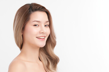Fototapeta premium Beautiful young asian woman with clean fresh skin on white background, Face care, Facial treatment, Cosmetology, beauty and spa, Asian women portrait.