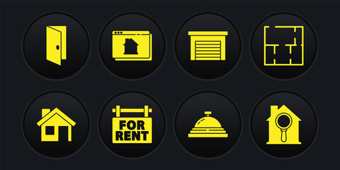 Set House, plan, Hanging sign with For Rent, Hotel service bell, Garage, Online real estate house, Search and Closed door icon. Vector