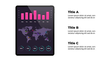 Ipad mock up. Infographic slide template. World map. Financial report. Chart and percentage diagram. Electronic device presentation. User interface and experience tablet screen. 