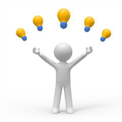 3d man raises his arms and some lightbulbs over his head.