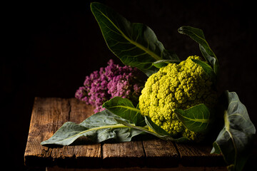 Head of green and purple color cauliflower on dark background and side lighting