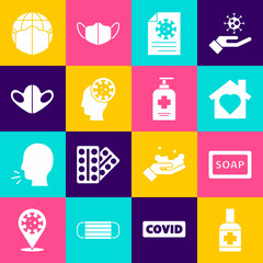 Set Liquid antibacterial soap, Bar of, House with heart inside, Clipboard blood test results, Human and virus, Medical protective mask, Earth medical and icon. Vector