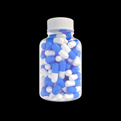 Blue and white capsules for medicines or food supplements in transparent plastic bottle. Isolated black background. 3d rendering