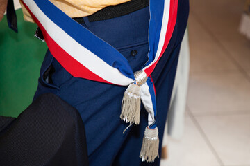 tricolor scarf french flag of mayor during celebration in France