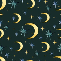 Obraz na płótnie Canvas Magic moon and stars watercolor seamless pattern 