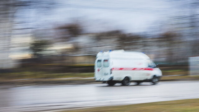 Cheboksary, Russia, November 08, 2020: ambulance on emergency car in motion on city street with blurred background.