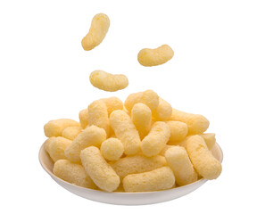 Corn puffs, finger food on a plate.
