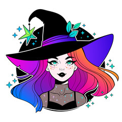 cute young witch with beautiful iridescent hair