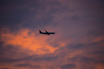 Fototapeta na wymiar airplane flying in the evening sky