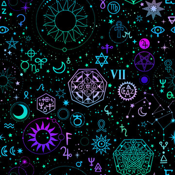 seamless illustration of magical bright alchemical and cosmic signs