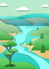 Fototapeta na wymiar River flowing along green hills, mountains, vector paper cut illustration. Nature landscape, environment conservation.