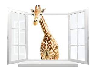 Cute curious  giraffe stare at the opened window